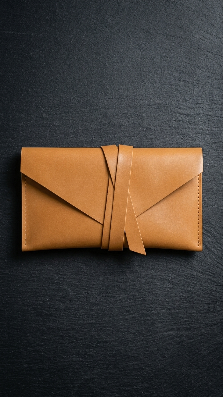 Pocketgrove clutch closed on a dark surface, showing the wrap tie and stitched sides.