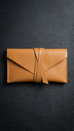 Pocketgrove clutch closed on a dark surface, showing the wrap tie and stitched sides.