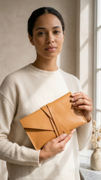 Pocketgrove clutch held in both hands with its flap closed and tie wrapped around the centre.