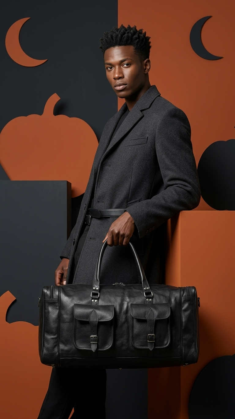 Black Cedartrail Travel Duffel carried in one hand by the top handles, with its front pockets and end zippers visible.