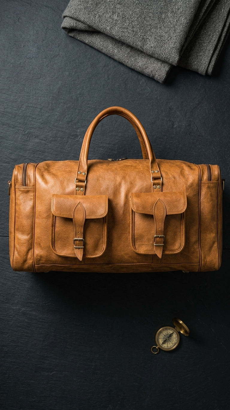 Tan Cedartrail Travel Duffel arranged on a dark surface, showing the two buckled front pockets, top handles and end zippers.