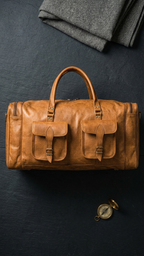 Tan Cedartrail Travel Duffel arranged on a dark surface, showing the two buckled front pockets, top handles and end zippers.