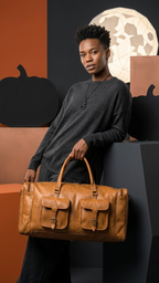 Tan Cedartrail Travel Duffel held by its top handles beside the body, with both buckled front pockets facing forward.