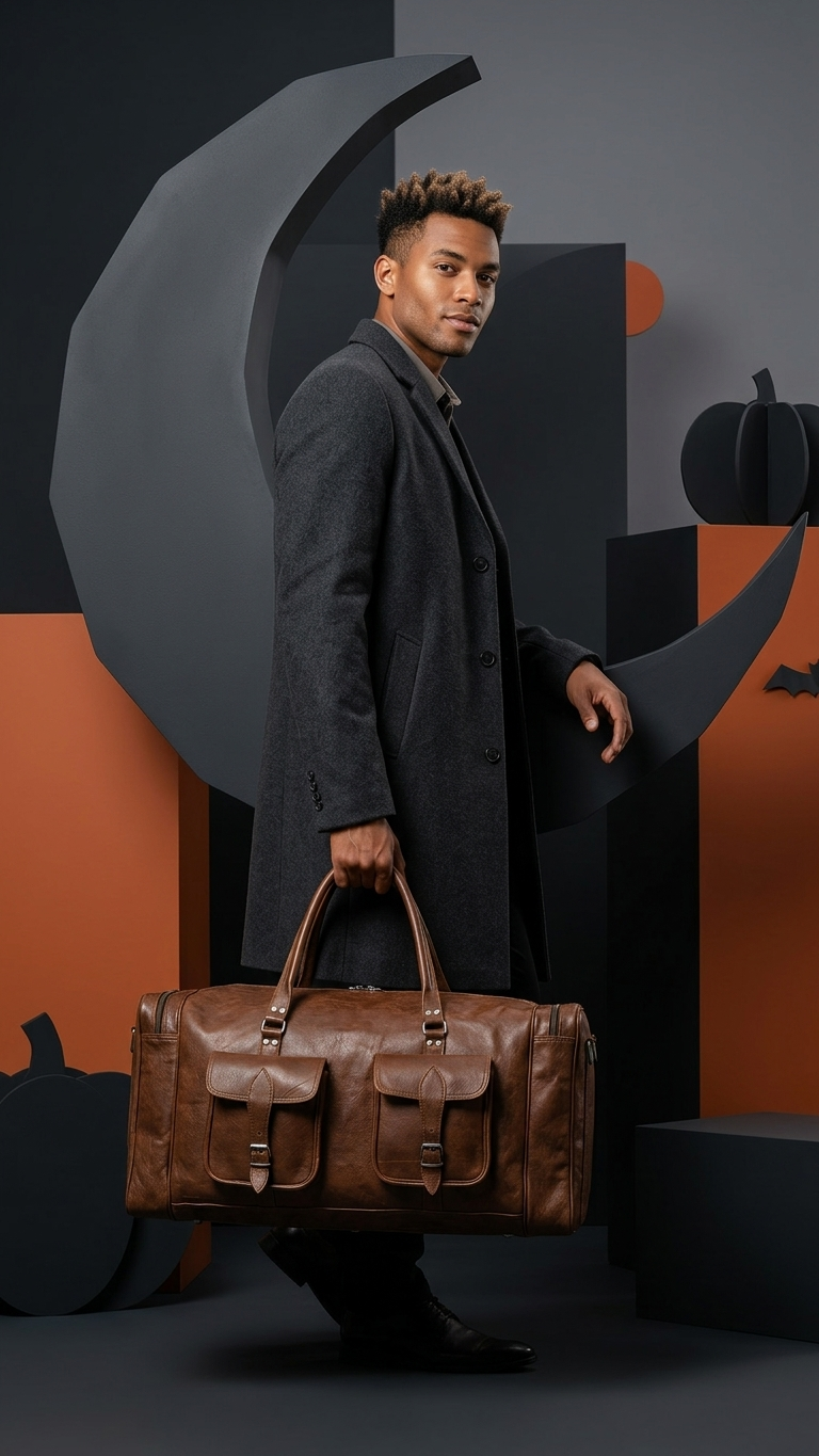 Brown Cedartrail Travel Duffel carried at the side by its top handles in one hand.