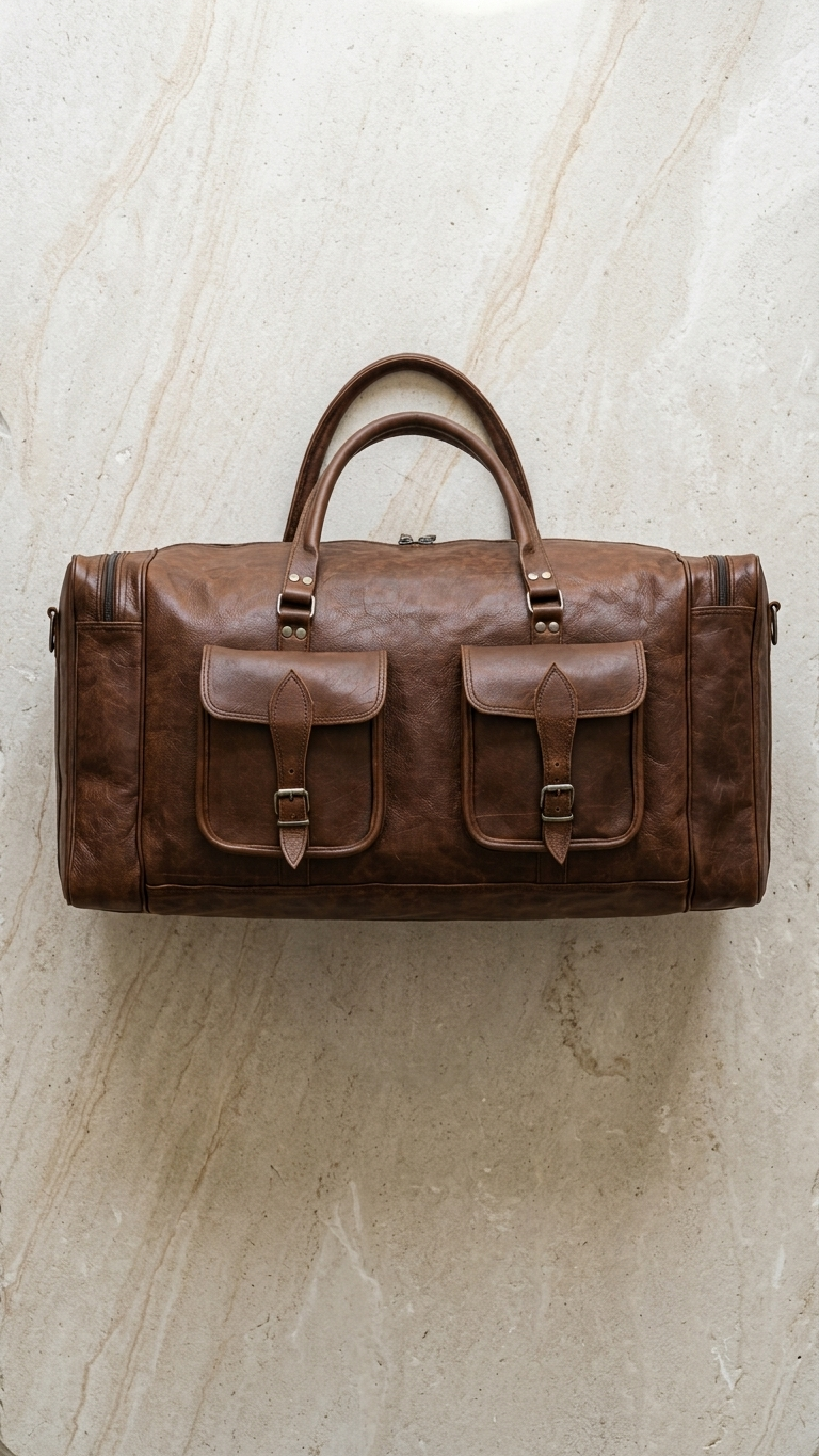 Brown Cedartrail Travel Duffel against pale stone, showing the twin handles, two buckled front pockets and zipped end compartments.