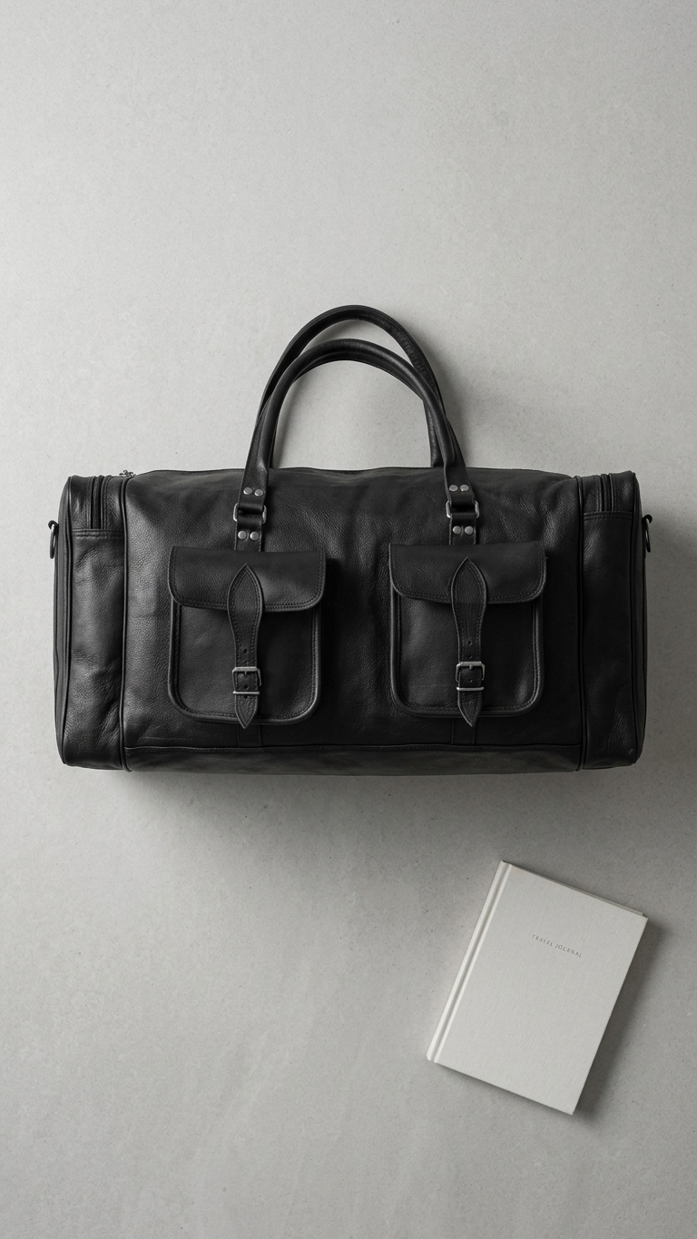 Black Cedartrail Travel Duffel arranged on a pale surface beside a journal, with its front pockets and top handles visible.