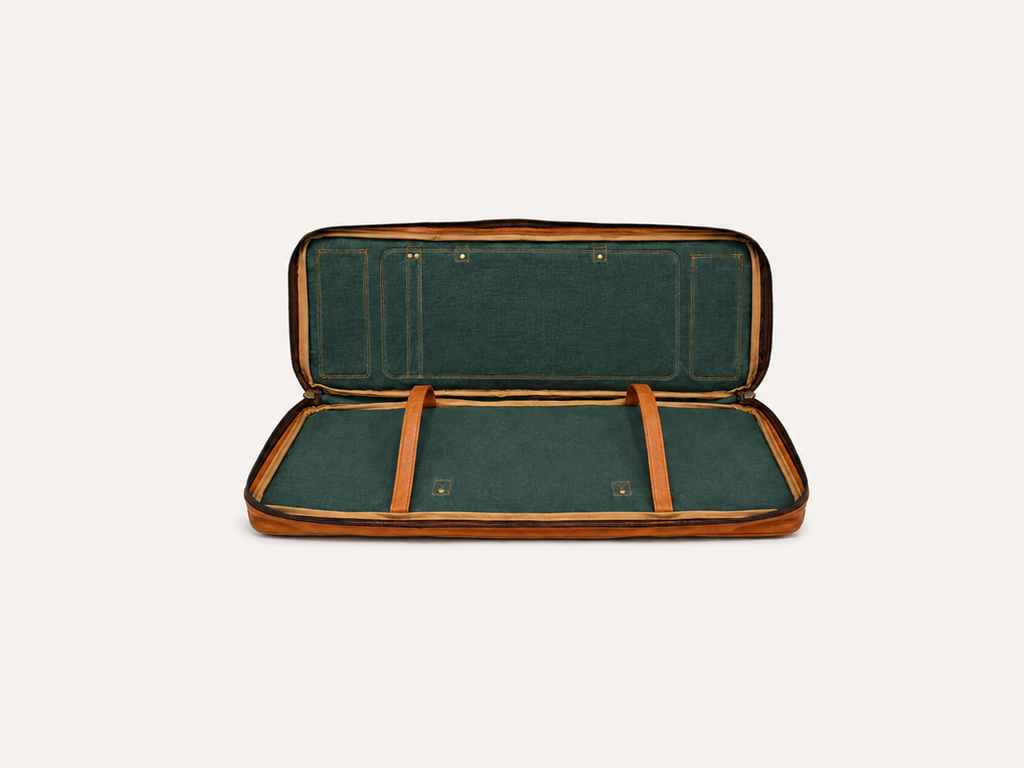 Fieldline case fully opened, showing the green lining and two internal retaining straps.