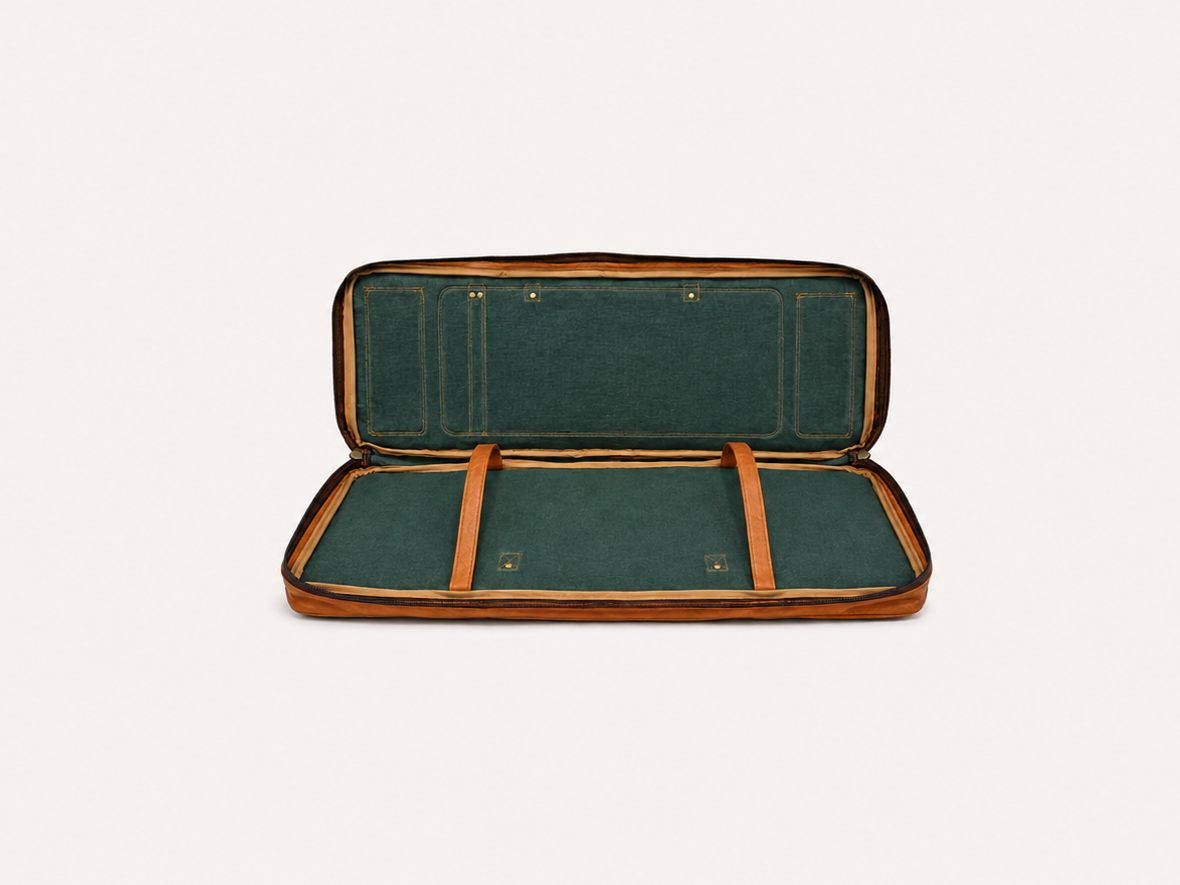 Fieldline case fully opened, showing the green lining and two internal retaining straps.