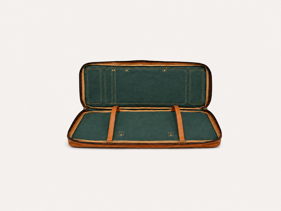 Fieldline case fully opened, showing the green lining and two internal retaining straps.