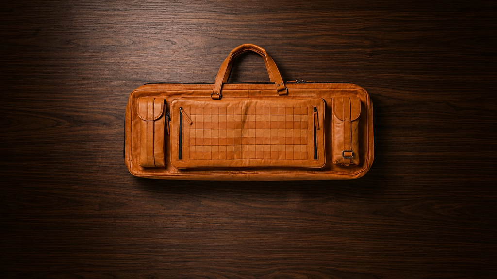 Fieldline case laid flat on wood with its exterior storage pockets facing upward.