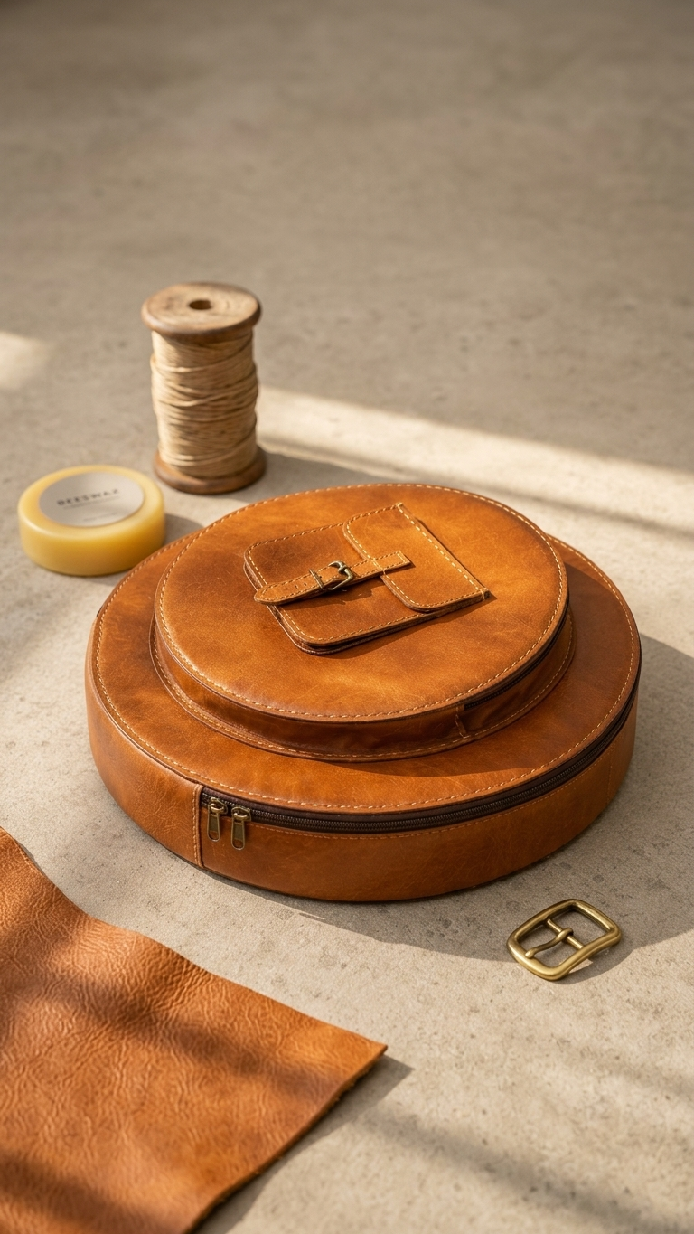 Resonance Cymbal Bag displayed beside leatherworking materials, with both circular compartments closed.