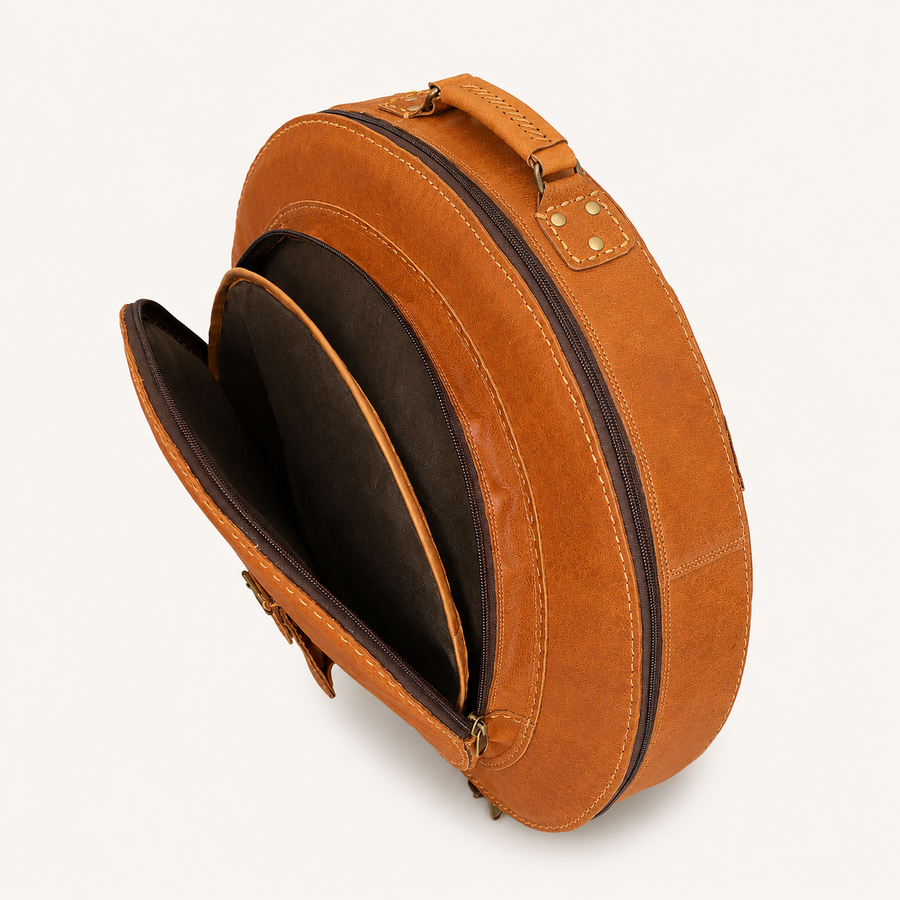 Resonance Cymbal Bag with the front round compartment unzipped, showing its lining and divider, plus the top carry handle.