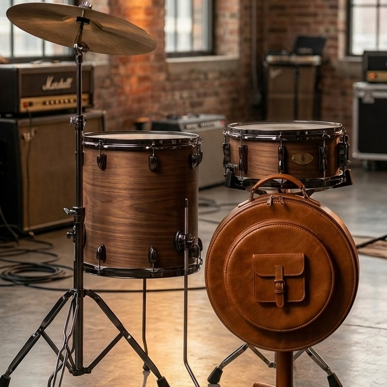 Resonance Cymbal Bag standing beside a drum kit, with its round front compartment and buckled pocket facing forward.