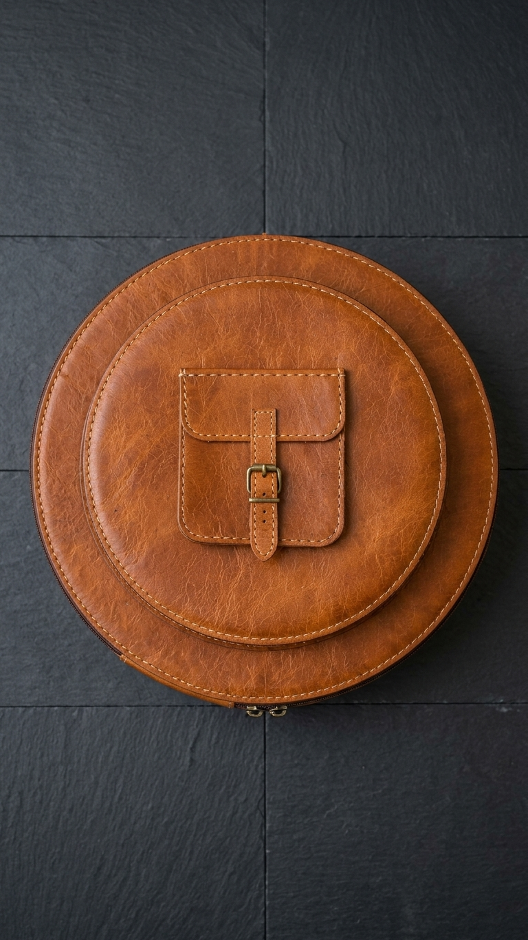 Front view of the Resonance Cymbal Bag on a dark surface, showing the smaller round compartment and buckled accessory pocket.