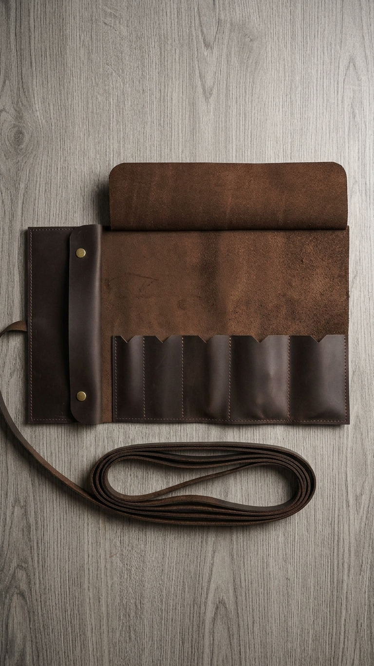 Empty dark brown Workgrove Tool Bag laid flat, showing stitched tool pockets and a long tie strap.