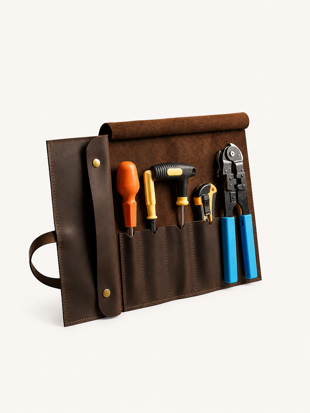 Dark brown Workgrove Tool Bag opened with hand tools arranged in separate pockets.