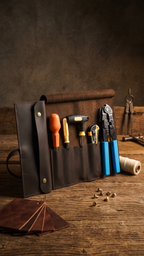 Dark brown Workgrove Tool Bag displayed open on a workbench with tools in the pockets.