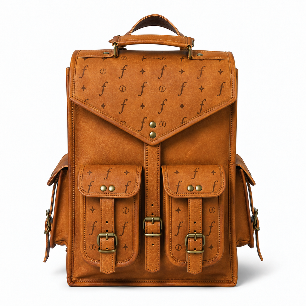 Threeway backpack showing its pointed flap, twin front pockets and top handle.
