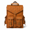 Threeway backpack showing its pointed flap, twin front pockets and top handle.