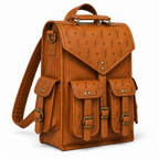 Angled Threeway view showing front and side pockets, shoulder strap and attachment ring.