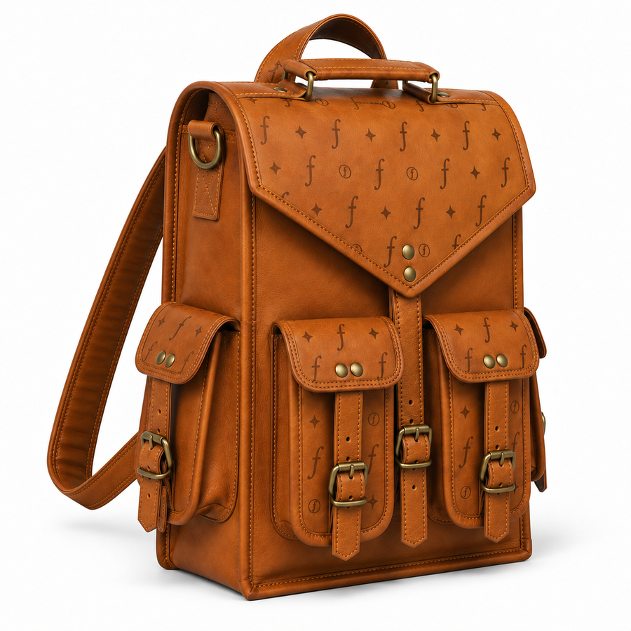 Angled Threeway view showing front and side pockets, shoulder strap and attachment ring.